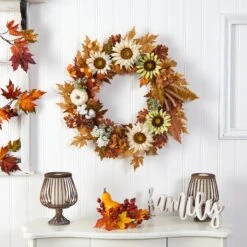 30” Autumn Sunflower, White Pumpkin And Berries Artificial Fall Wreath 7 30” Autumn Sunflower, White Pumpkin And Berries Artificial Fall Wreath -Artificial Trees Store artificial 30 autumn sunflower white pumpkin and berries artificial fall wreath nearly natural 350486