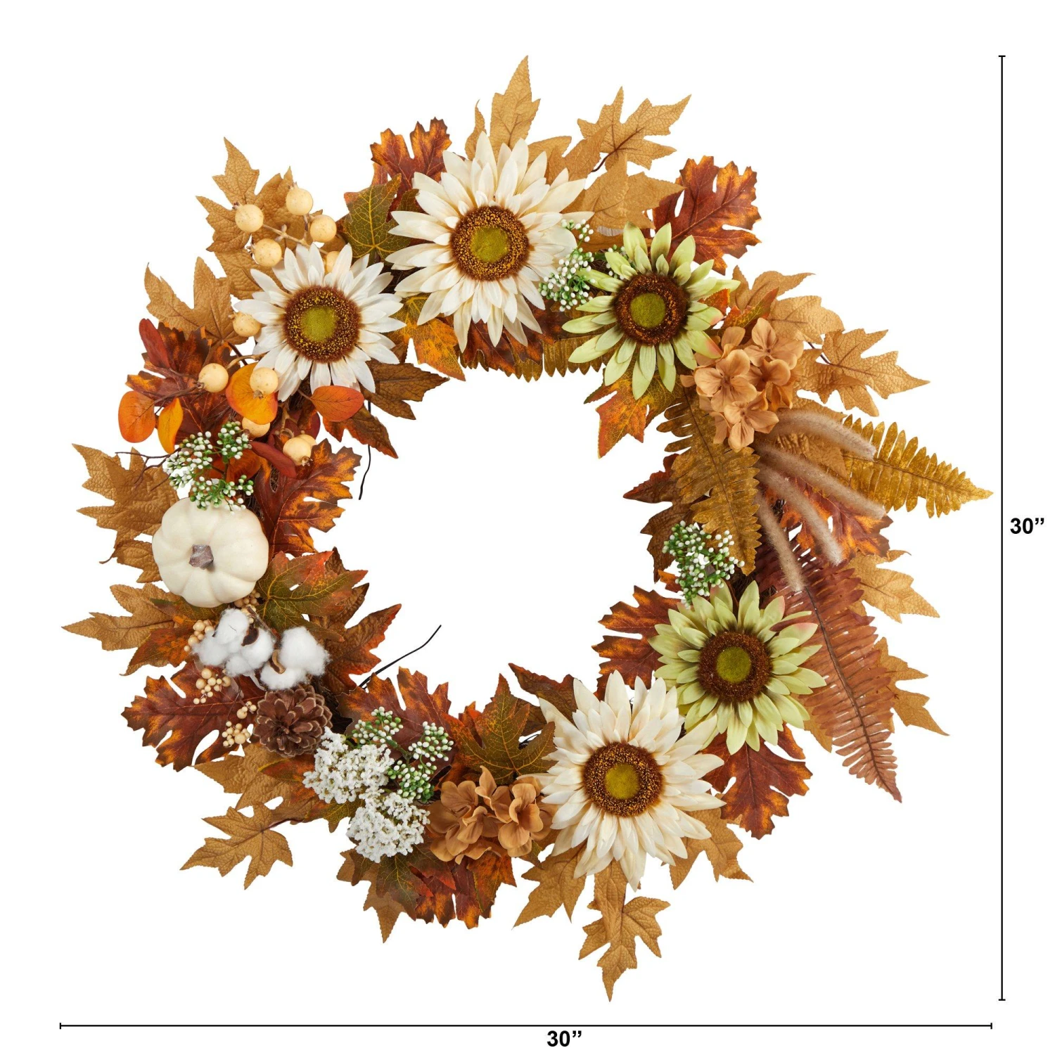 30” Autumn Sunflower, White Pumpkin And Berries Artificial Fall Wreath 3 30” Autumn Sunflower, White Pumpkin And Berries Artificial Fall Wreath - Image 3