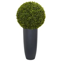 30” Boxwood Artificial Topiary Plant In Gray Cylinder Planter (Indoor/Outdoor)