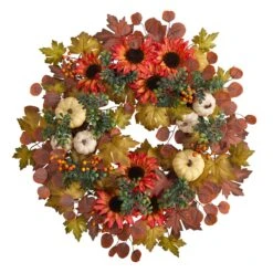 30” Artificial Fall Acorn, Sunflower, Berries And Autumn Foliage Wreath