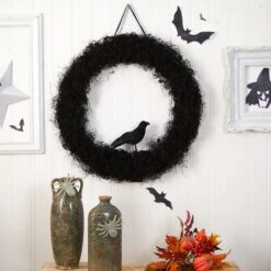30” Halloween Black Raven Twig Wreath -Artificial Trees Store artificial 30 halloween black raven twig wreath nearly natural 111925