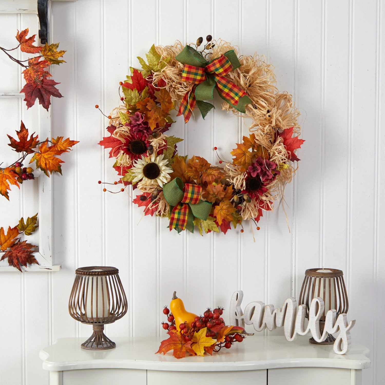 30” Harvest Autumn Sunflower, Maple Leaves And Berries Artificial Fall Wreath With Decorative Bows 4 30” Harvest Autumn Sunflower, Maple Leaves And Berries Artificial Fall Wreath With Decorative Bows - Image 4