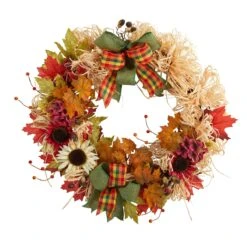 30” Harvest Autumn Sunflower, Maple Leaves And Berries Artificial Fall Wreath With Decorative Bows