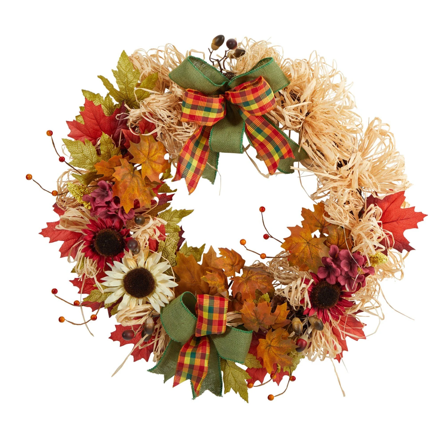 30” Harvest Autumn Sunflower, Maple Leaves And Berries Artificial Fall Wreath With Decorative Bows 1 30” Harvest Autumn Sunflower, Maple Leaves And Berries Artificial Fall Wreath With Decorative Bows
