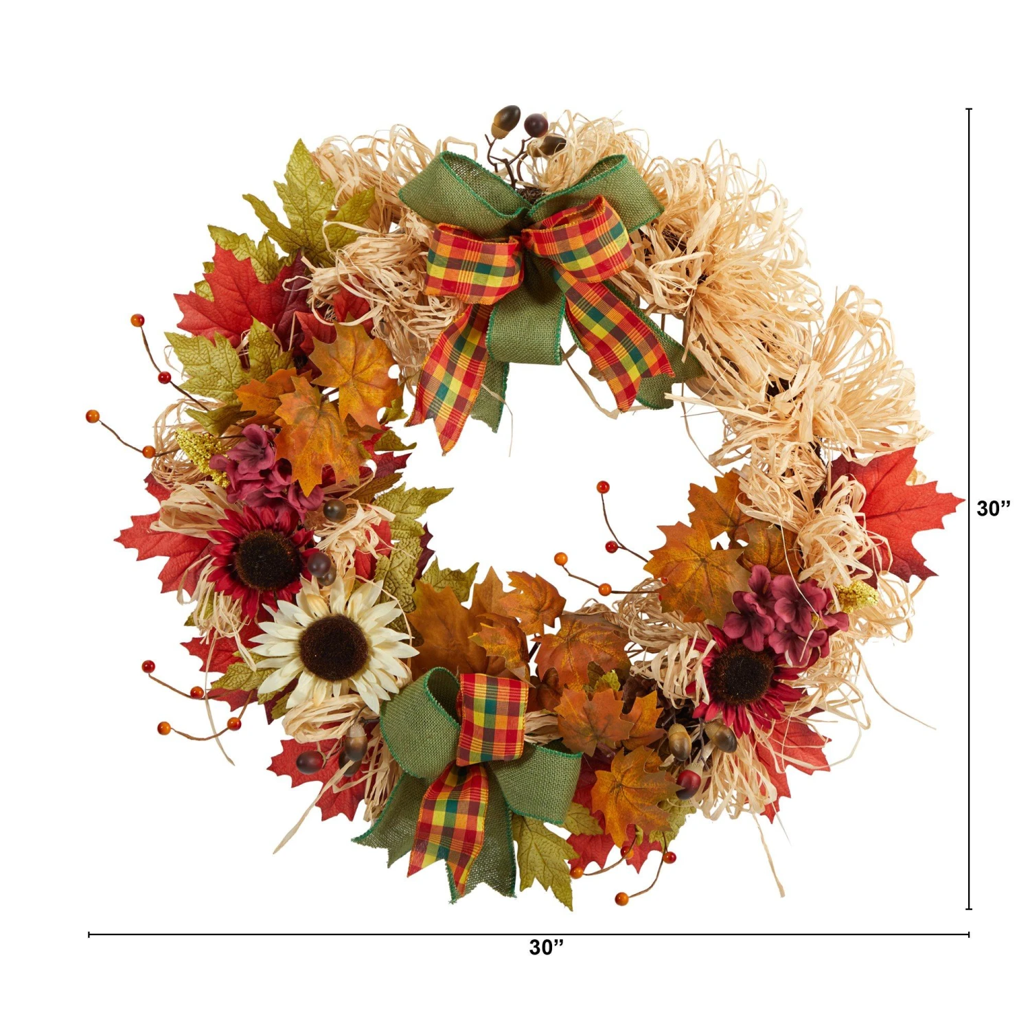 30” Harvest Autumn Sunflower, Maple Leaves And Berries Artificial Fall Wreath With Decorative Bows 3 30” Harvest Autumn Sunflower, Maple Leaves And Berries Artificial Fall Wreath With Decorative Bows - Image 3