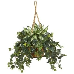 30” Silver Queen And Ivy Artificial Plant In Hanging Basket
