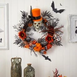 30” Spider And Skull With Top Hat Halloween Wreath -Artificial Trees Store artificial 30 spider and skull with top hat halloween wreath nearly natural 519697