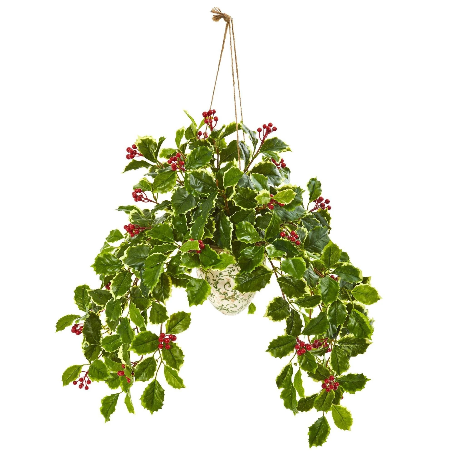 30” Variegated Holly Berry Artificial Plant In Hanging Vase (Real Touch) 2 30” Variegated Holly Berry Artificial Plant In Hanging Vase (Real Touch) - Image 2