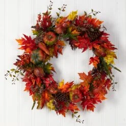 32” Autumn Maple Leaf, Pumpkin And Berries Artificial Fall Wreath -Artificial Trees Store artificial 32 autumn maple leaf pumpkin and berries artificial fall wreath nearly natural 704423