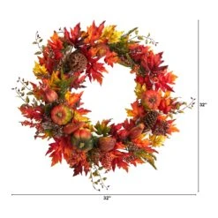 32” Autumn Maple Leaf, Pumpkin And Berries Artificial Fall Wreath -Artificial Trees Store artificial 32 autumn maple leaf pumpkin and berries artificial fall wreath nearly natural 781651