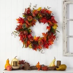 32” Autumn Maple Leaf, Pumpkin And Berries Artificial Fall Wreath -Artificial Trees Store artificial 32 autumn maple leaf pumpkin and berries artificial fall wreath nearly natural 869216
