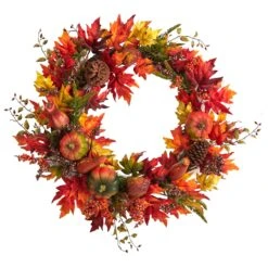 32” Autumn Maple Leaf, Pumpkin And Berries Artificial Fall Wreath