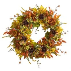 32” Fall Hydrangea, Ranunculus And Maple Leaf Autumn Artificial Wreath