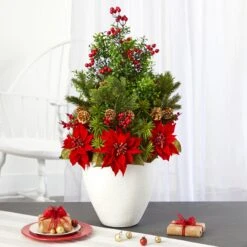 32” Poinsettia, Boxwood And Succulent Artificial Arrangement In White Vase -Artificial Trees Store artificial 32 poinsettia boxwood and succulent artificial arrangement in white vase nearly natural 274938