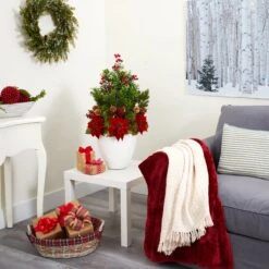 32” Poinsettia, Boxwood And Succulent Artificial Arrangement In White Vase -Artificial Trees Store artificial 32 poinsettia boxwood and succulent artificial arrangement in white vase nearly natural 957437