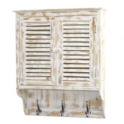32” White Washed Wall Cabinet With Hooks