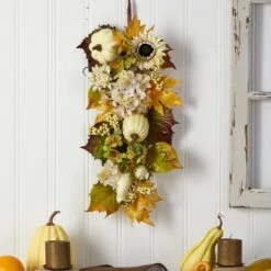 33” Fall Sunflower, Hydrangea And White Pumpkin Artificial Autumn Teardrop -Artificial Trees Store artificial 33 fall sunflower hydrangea and white pumpkin artificial autumn teardrop nearly natural 618909
