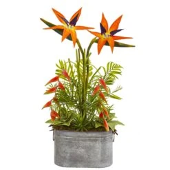 34” Tropical And Greens Artificial Plant In Metal Planter