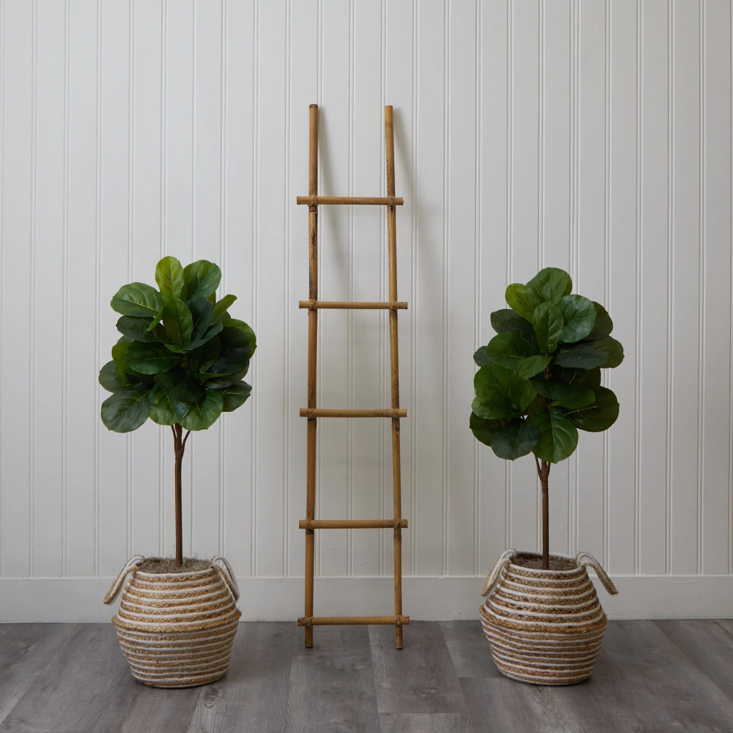 3.5' Artificial Fiddle Leaf Fig Tree With Handmade Jute & Cotton Basket With Tassels DIY KIT - Set Of 2 2 3.5' Artificial Fiddle Leaf Fig Tree With Handmade Jute & Cotton Basket With Tassels DIY KIT - Set Of 2 - Image 2