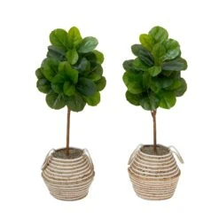 3.5' Artificial Fiddle Leaf Fig Tree With Handmade Jute & Cotton Basket With Tassels DIY KIT - Set Of 2