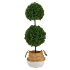 3.5’ Boxwood Double Ball Topiary Tree In Boho Chic Handmade Cotton & Jute Planter UV Resistant