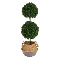 3.5’ Artificial Boxwood Double Ball Topiary Tree In Boho Chic Handmade Cotton & Jute Planter UV Resistant