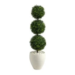 3.5’ Boxwood Triple Ball Topiary Artificial Tree In White Planter (Indoor/Outdoor)