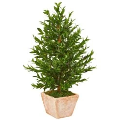 35” Olive Cone Topiary Artificial Tree In Terra Cotta Planter(Indoor/Outdoor)