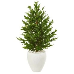 3.5’ Olive Cone Topiary Artificial Tree In White Planter (Indoor/Outdoor)