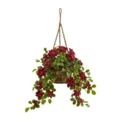 3.5’ Poinsettia And Variegated Holly Artificial Plant In Hanging Basket (Real Touch)