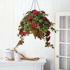 3.5’ Poinsettia And Variegated Holly Artificial Plant In Hanging Cone Basket (Real Touch) -Artificial Trees Store artificial 35 poinsettia and variegated holly artificial plant in hanging cone basket real touch nearly natural 874160