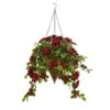 3.5’ Poinsettia And Variegated Holly Artificial Plant In Hanging Cone Basket (Real Touch)