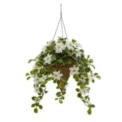 3.5’ Poinsettia And Variegated Holly Artificial Plant In Hanging Cone Basket (Real Touch) -Artificial Trees Store artificial 35 poinsettia and variegated holly artificial plant in hanging cone basket real touch nearly natural white 514413
