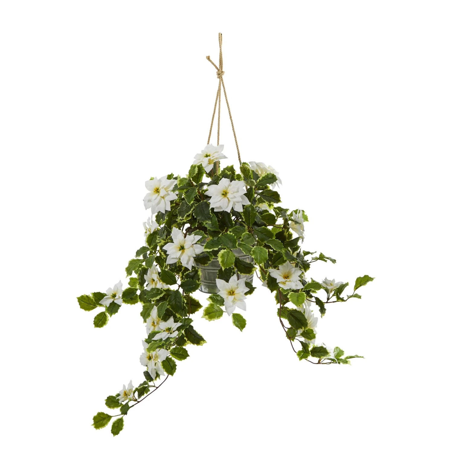 3.5’ Poinsettia And Variegated Holly Artificial Plant In Hanging Metal Bucket (Real Touch) 2 3.5’ Poinsettia And Variegated Holly Artificial Plant In Hanging Metal Bucket (Real Touch) - Image 2