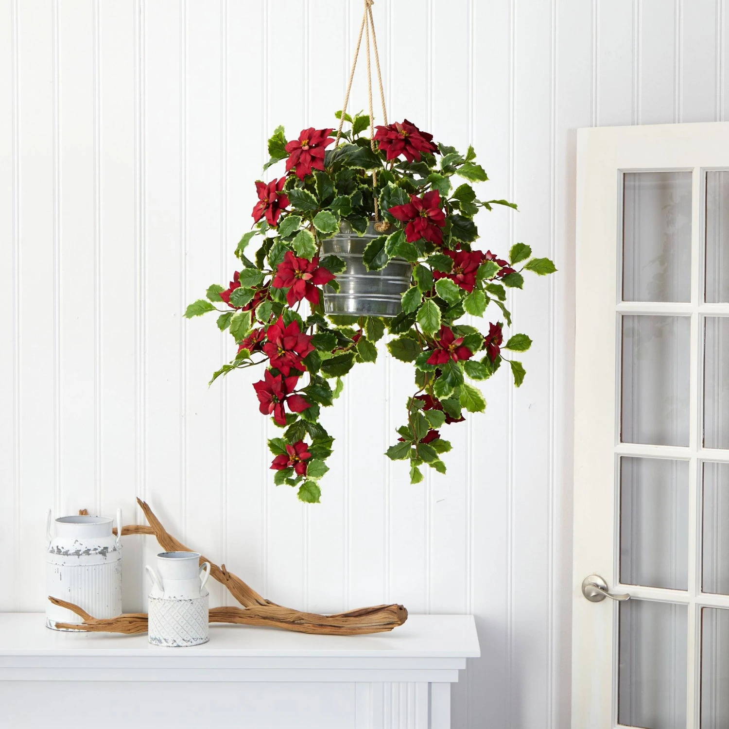 3.5’ Poinsettia And Variegated Holly Artificial Plant In Hanging Metal Bucket (Real Touch) 6 3.5’ Poinsettia And Variegated Holly Artificial Plant In Hanging Metal Bucket (Real Touch) - Image 6