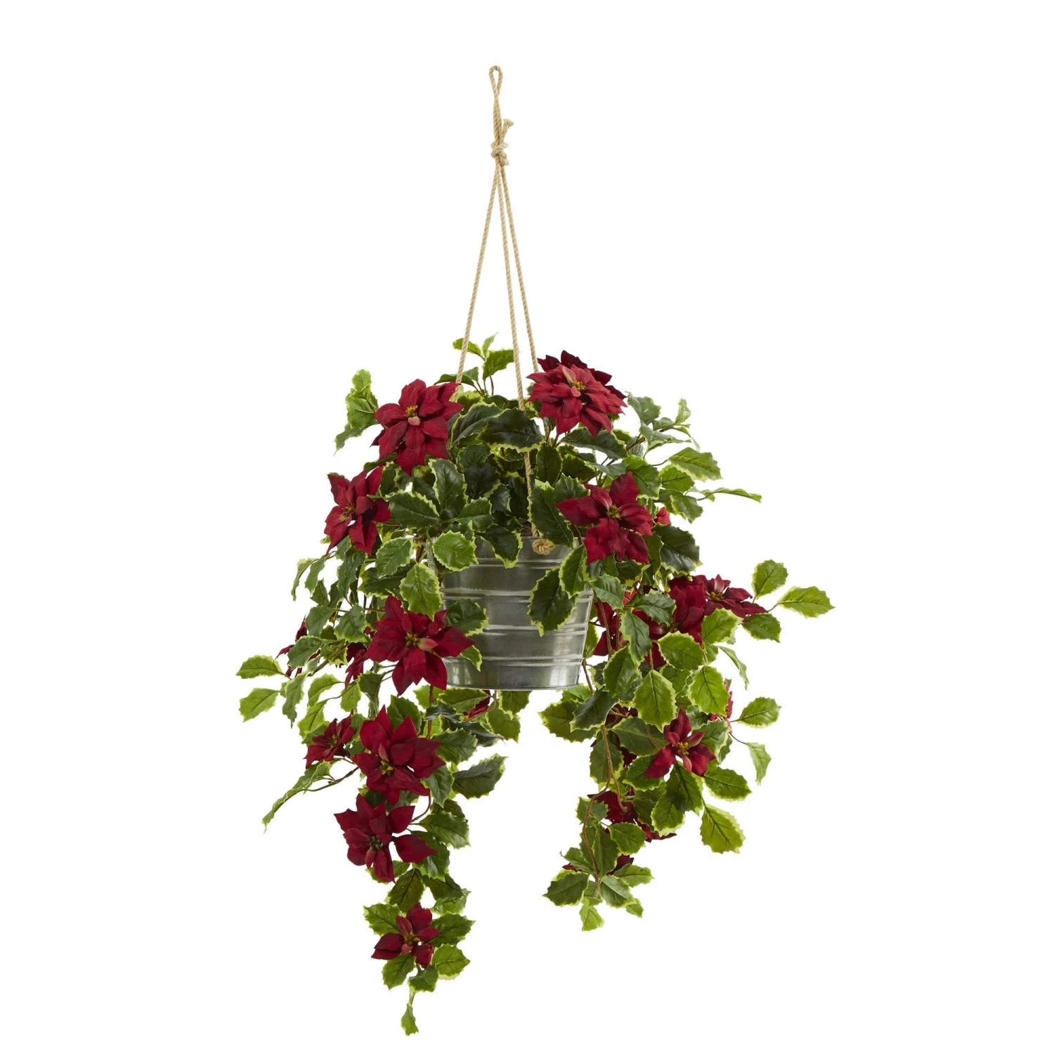3.5’ Poinsettia And Variegated Holly Artificial Plant In Hanging Metal Bucket (Real Touch) 4 3.5’ Poinsettia And Variegated Holly Artificial Plant In Hanging Metal Bucket (Real Touch) - Image 4