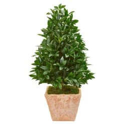 39” Bay Leaf Cone Topiary Artificial Tree In Terra Cotta Planter(Indoor/Outdoor)