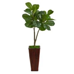 39” Fiddle Leaf Fig Artificial Tree In Bamboo Planter