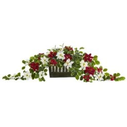 39” Poinsettia And Variegated Holly Artificial Plant In Decorative Planter (Real Touch)