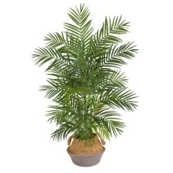 4' Areca Artificial Palm Branches In Boho Chic Handmade Cotton & Jute Gray Woven Planter