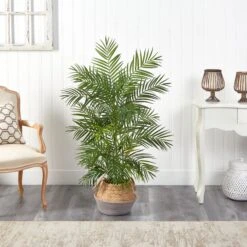 4' Areca Artificial Palm Branches In Boho Chic Handmade Cotton & Jute Gray Woven Planter -Artificial Trees Store artificial 4 areca artificial palm branches in boho chic handmade cotton jute gray woven planter nearly natural 952812