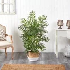 4' Areca Artificial Palm In Boho Chic Handmade Cotton & Jute White Woven Planter -Artificial Trees Store artificial 4 areca artificial palm in boho chic handmade cotton jute white woven planter nearly natural 733684