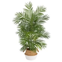 4' Areca Artificial Palm In Boho Chic Handmade Cotton & Jute White Woven Planter