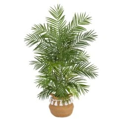 4' Areca Artificial Palm In Boho Chic Handmade Natural Cotton Woven Planter With Tassels