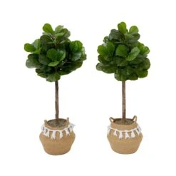 4' Artificial Fiddle Leaf Fig Tree With Handmade Jute & Cotton Basket With Tassels DIY KIT- Set Of 2
