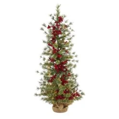 4’ Berry And Pine Artificial Christmas Tree With 100 Warm White Lights And Burlap Wrapped Base