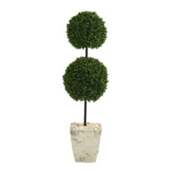4’ Boxwood Double Ball Artificial Topiary Tree In Country White Planter (Indoor/Outdoor)
