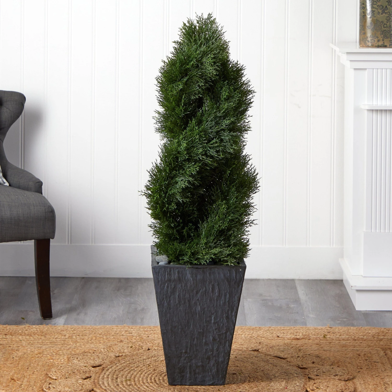 4’ Cypress Double Spiral Topiary Artificial Tree In Slate Planter(Indoor/Outdoor) 2 4’ Cypress Double Spiral Topiary Artificial Tree In Slate Planter(Indoor/Outdoor) - Image 2