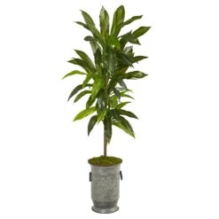 4’ Dracaena Artificial Plant In Vintage Metal Planter (Real Touch)