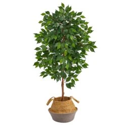 4’ Ficus Artificial Tree In Boho Chic Handmade Cotton & Jute Gray Woven Planter
